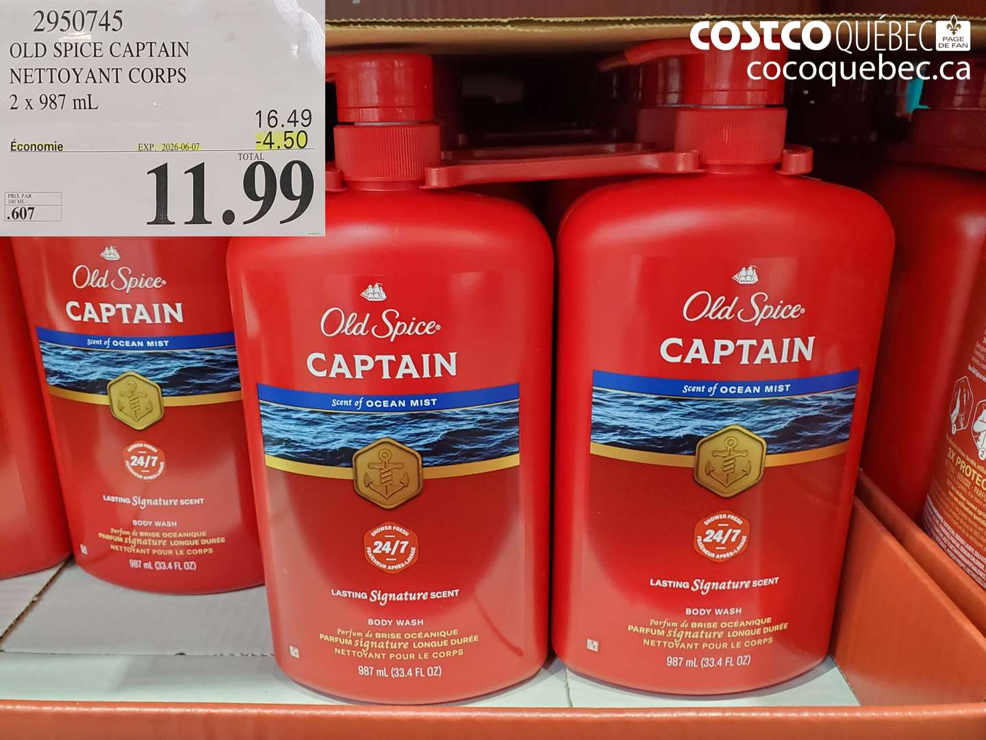 2950745 OLD SPICE CAPTAIN NETTOYANT CORPS 2 X 987 ML ($4.50 INSTANT SAVINGS EXPIRES ON 2026-06-07) $11.99