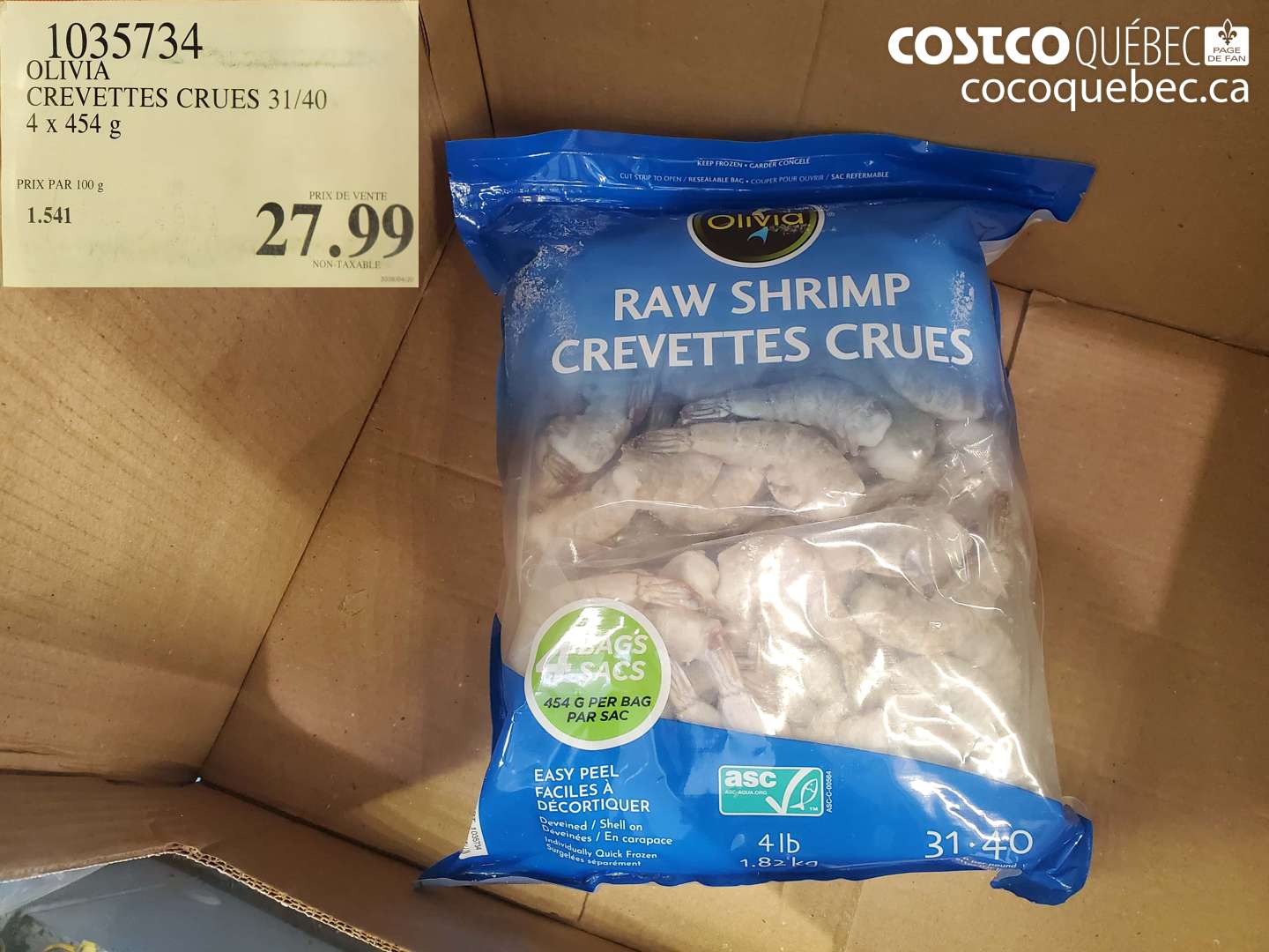 1035734 OLIVIA CREVETTES CRUES 31/40 4 X 454 G $27.99