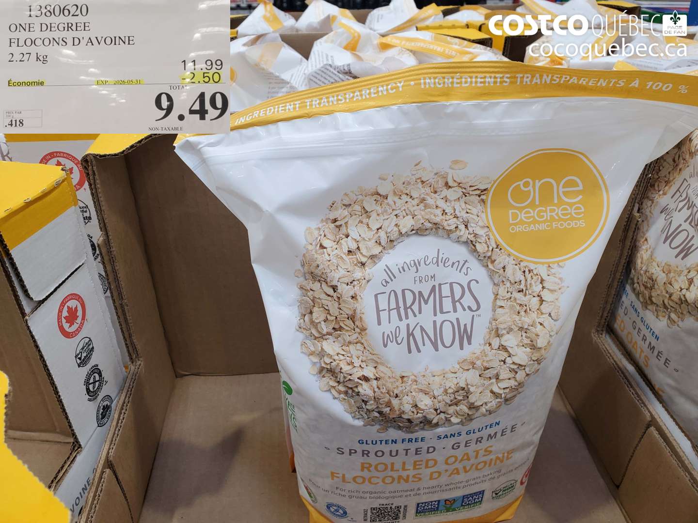 1380620 ONE DEGREE FLOCONS D'AVOINE 2.27 KG ($2.50 INSTANT SAVINGS EXPIRES ON 2026-05-31) $9.49