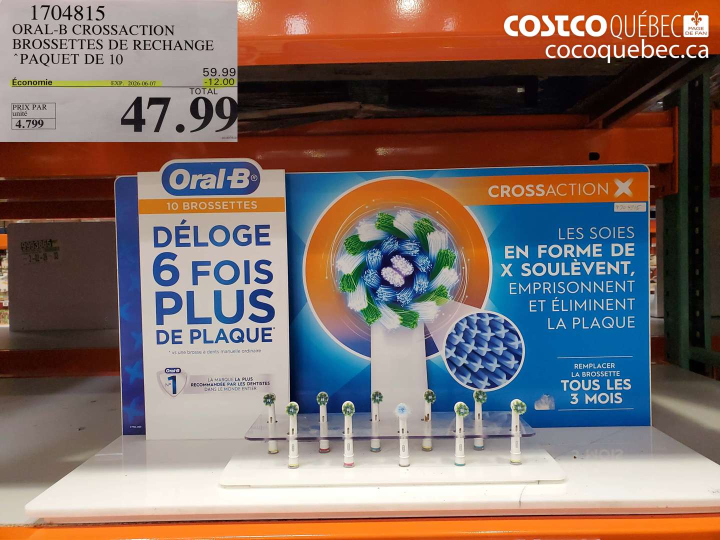 1704815 ORAL-B CROSSACTION BROSSETTES DE RECHANGE ($12.00 INSTANT SAVINGS EXPIRES ON 2026-06-07) $47.99