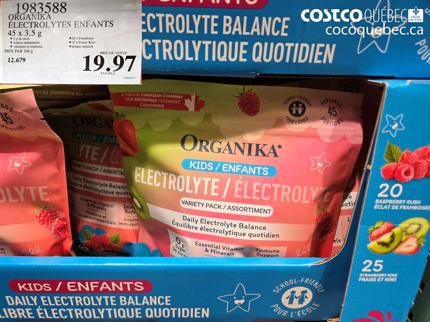 1983588 ORGANIKA ÉLECTROLYTES ENFANTS 45 X 3.5 G $19.97