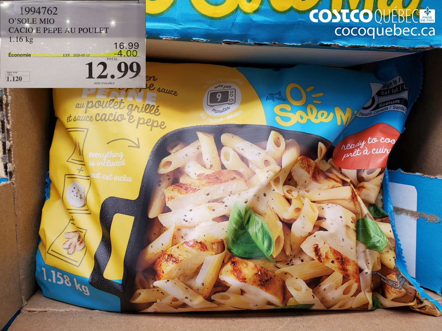 1994762 O'SOLE MIO CACIO E PEPE AU POULET 1.16 KG ($4.00 INSTANT SAVINGS EXPIRES ON 2026-05-13) $12.99