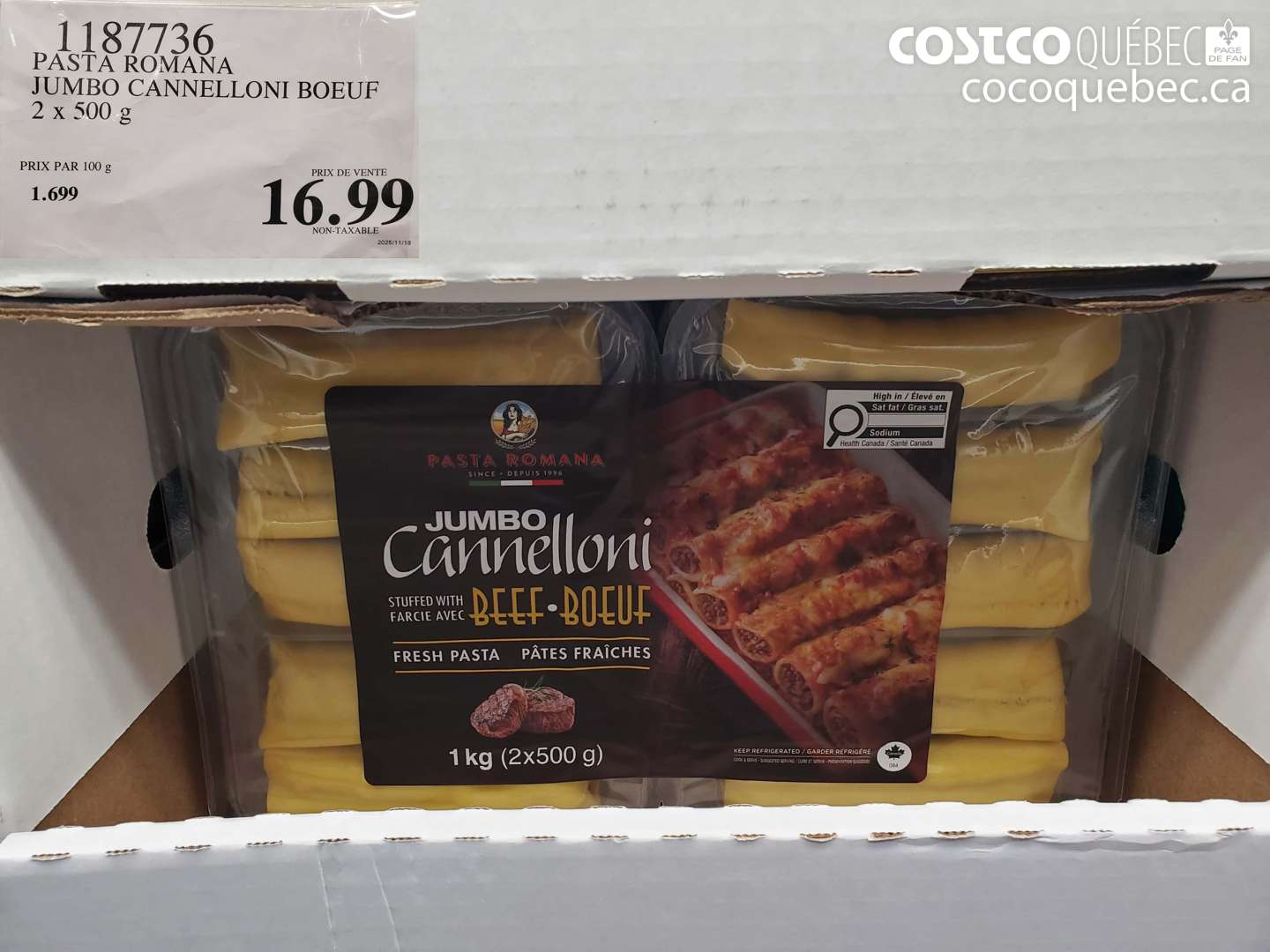 1187736 PASTA ROMANA JUMBO CANNELLONI BOEUF 2 X 500 G $16.99