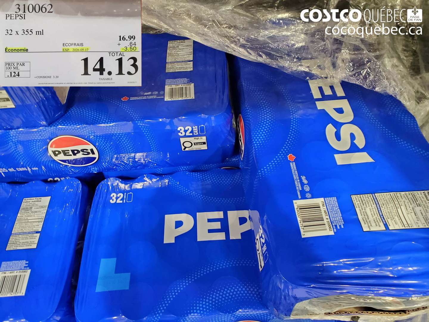 310062 PEPSI 32 X 355 ML ($3.50 INSTANT SAVINGS EXPIRES ON 2026-05-17) $14.13