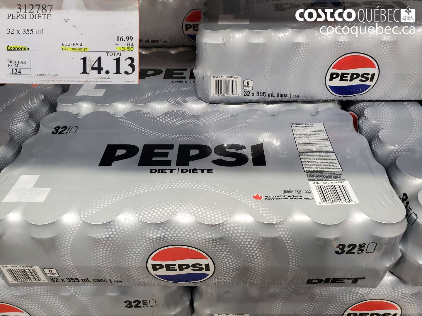 312787 PEPSI DIÈTE 32 X 355 ML ($3.50 INSTANT SAVINGS EXPIRES ON 2026-05-17) $14.13