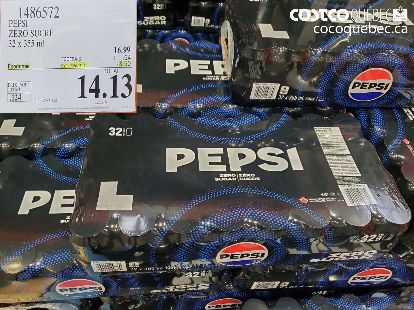 1486572 PEPSI ZÉRO SUCRE 32 X 355 ML ($3.50 INSTANT SAVINGS EXPIRES ON 2026-05-17) $14.13