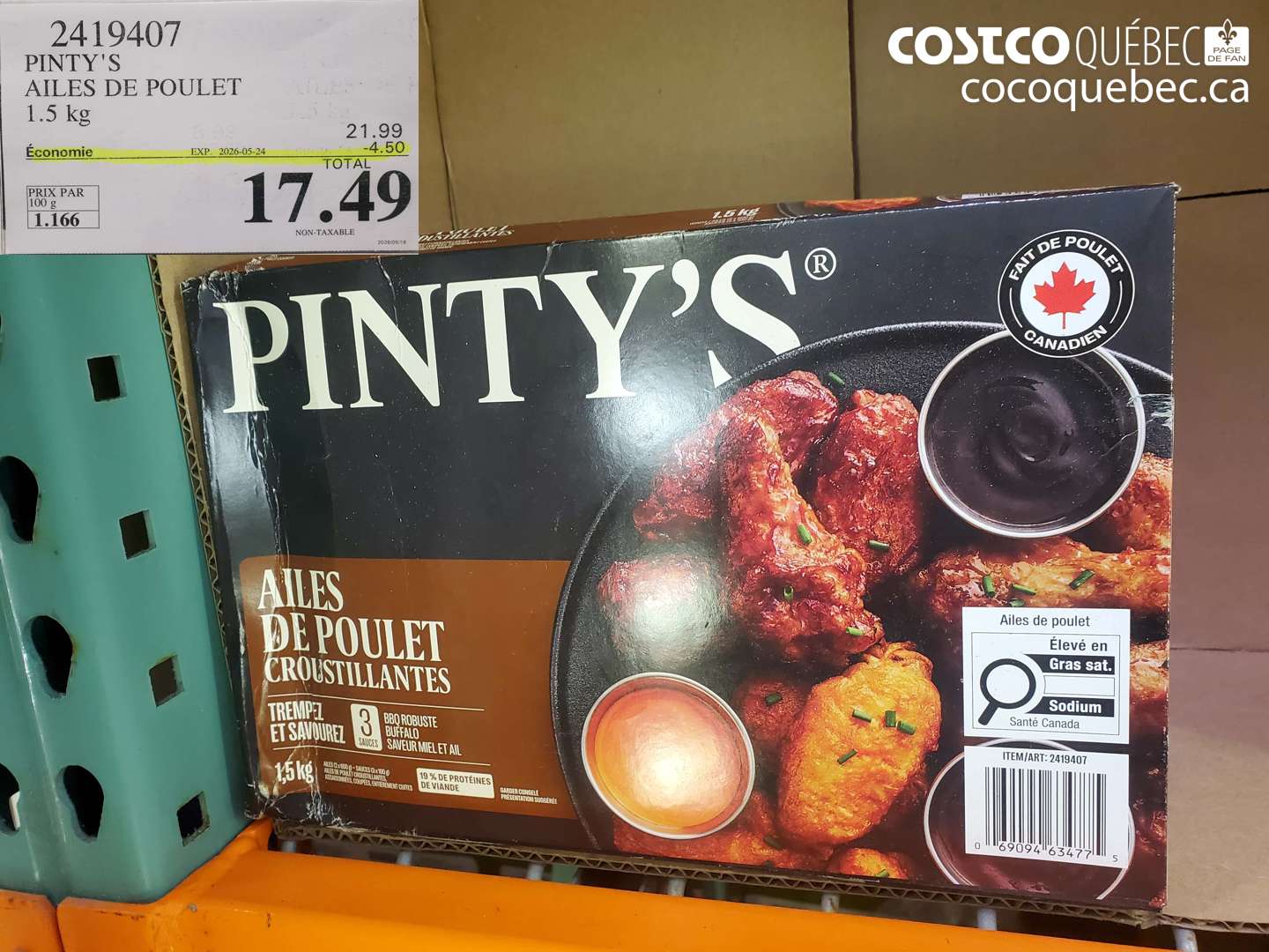 2419407 PINTY'S AILES DE POULET 1.5 KG ($4.50 INSTANT SAVINGS EXPIRES ON 2026-05-24) $17.49