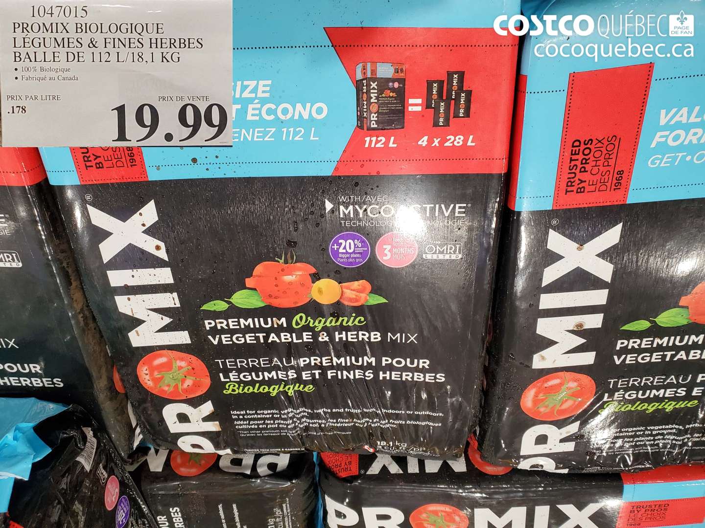 1047015 PROMIX BIOLOGIQUE LÉGUMES & FINES HERBES BALLE DE 112 L/18.1 KG $19.99