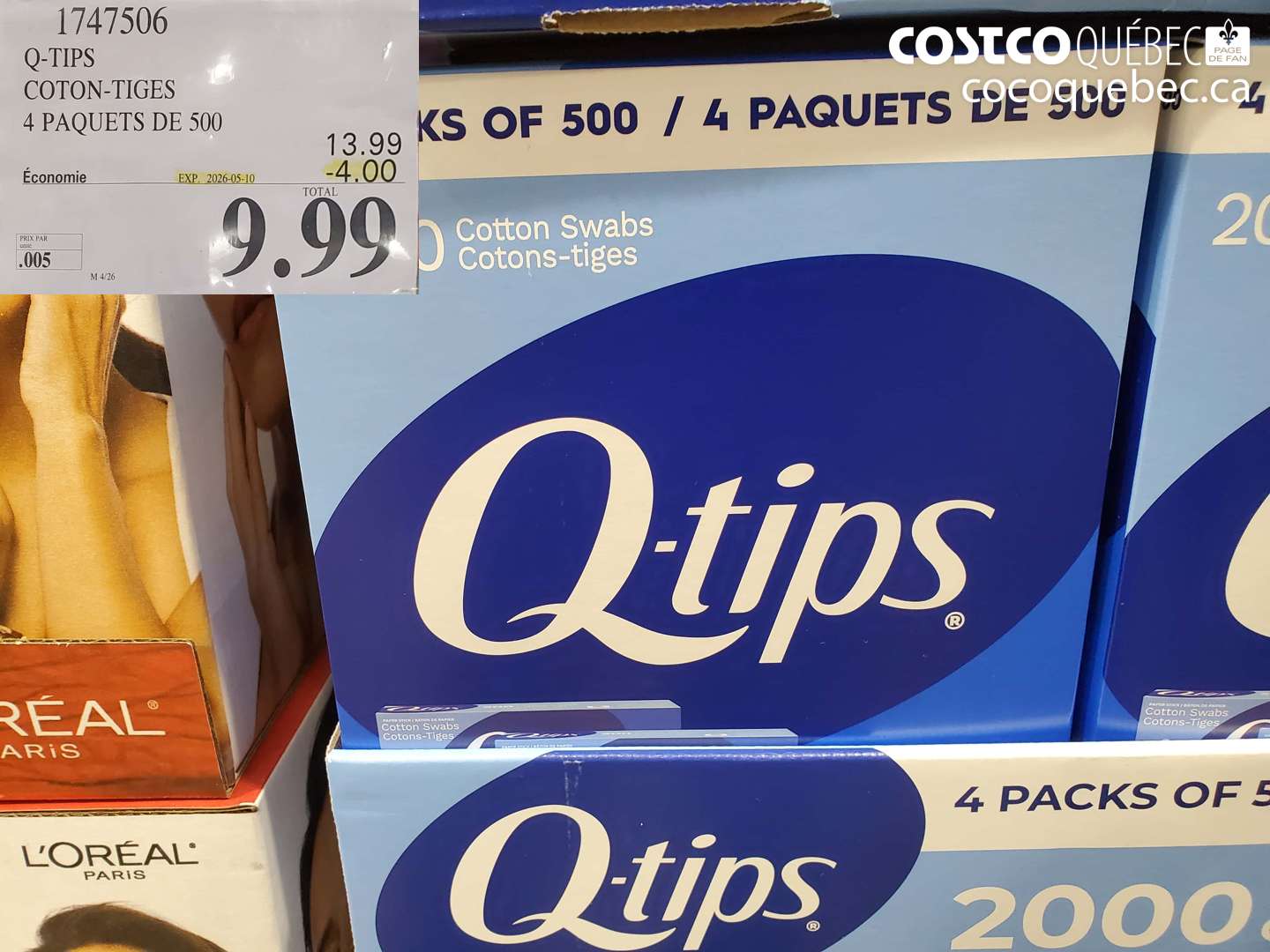 1747506 Q-TIPS COTON-TIGES 4 PAQUETS DE 500 ($4.00 INSTANT SAVINGS EXPIRES ON 2026-05-10) $9.99