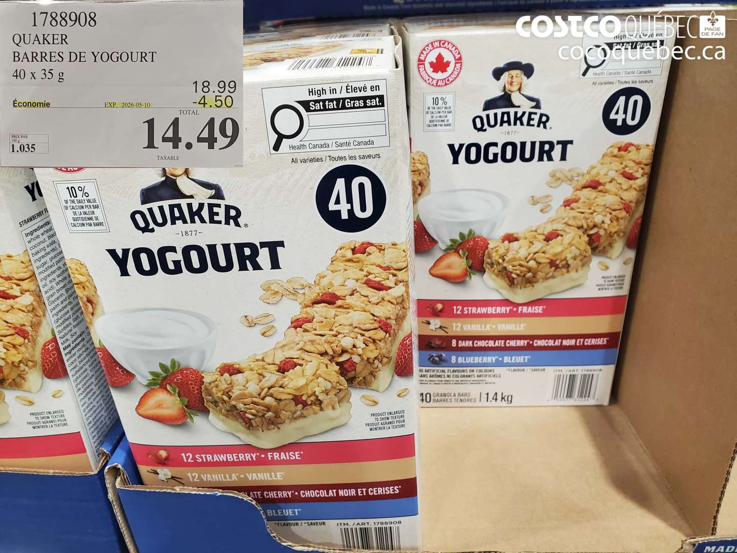 1788908 QUAKER BARRES DE YOGOURT 40 X 35 G ($4.50 INSTANT SAVINGS EXPIRES ON 2026-05-10) $14.49