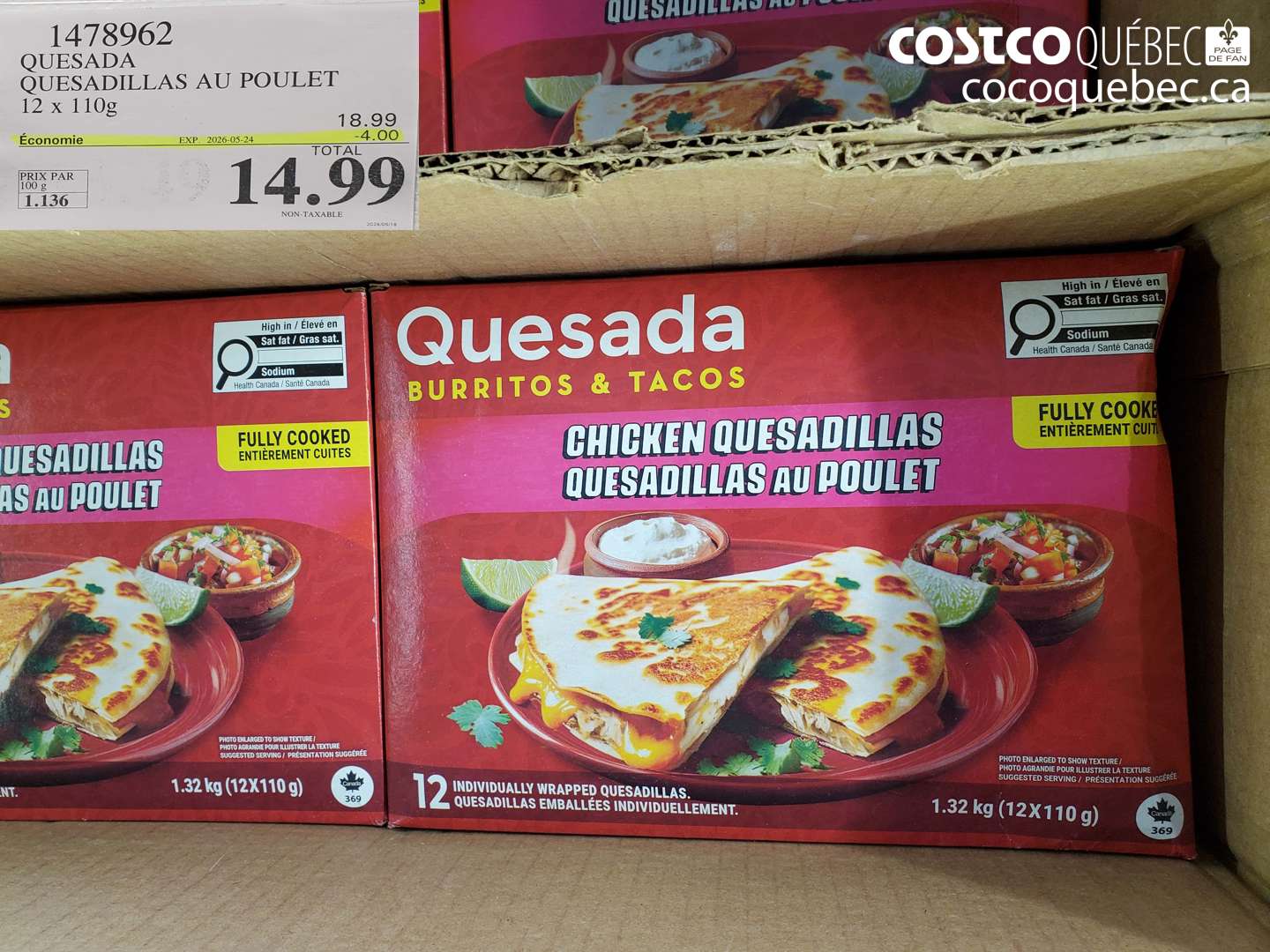 1478962 QUESADA QUESADILLAS AU POULET 12 X 110 G ($4.00 INSTANT SAVINGS EXPIRES ON 2026-05-24) $14.99
