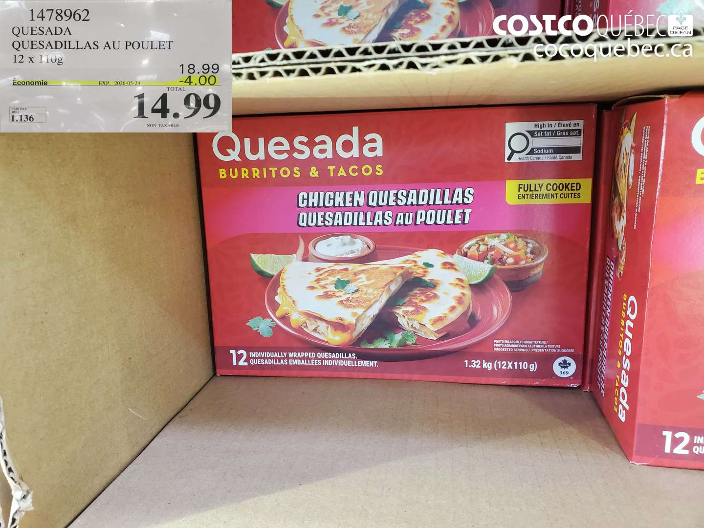 1478962 QUESADA QUESADILLAS AU POULET 12 x 110 G ($4.00 INSTANT SAVINGS EXPIRES ON 2026-05-24) $14.99