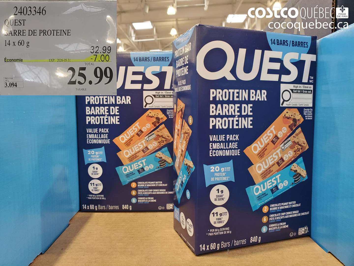 2403346 QUEST BARRE DE PROTEINE 14 X 60 G ($7.00 INSTANT SAVINGS EXPIRES ON 2026-05-31) $25.99