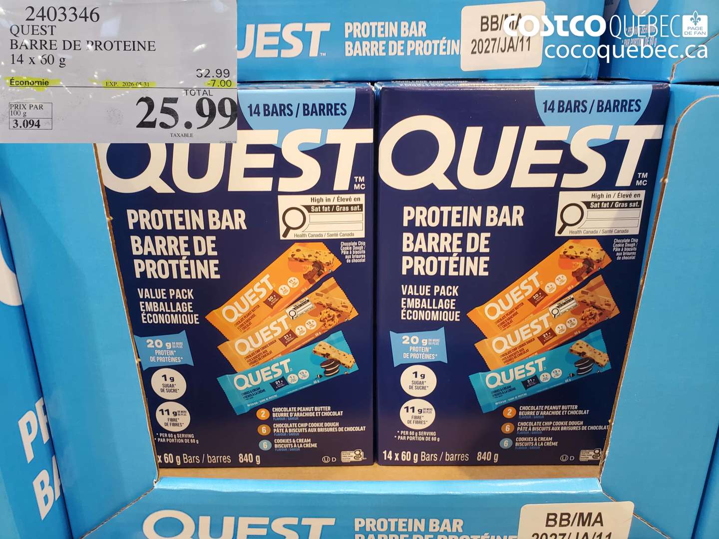 2403346 QUEST BARRE DE PROTEINE 14 X 60 G ($7.00 INSTANT SAVINGS EXPIRES ON 2026-05-31) $25.99