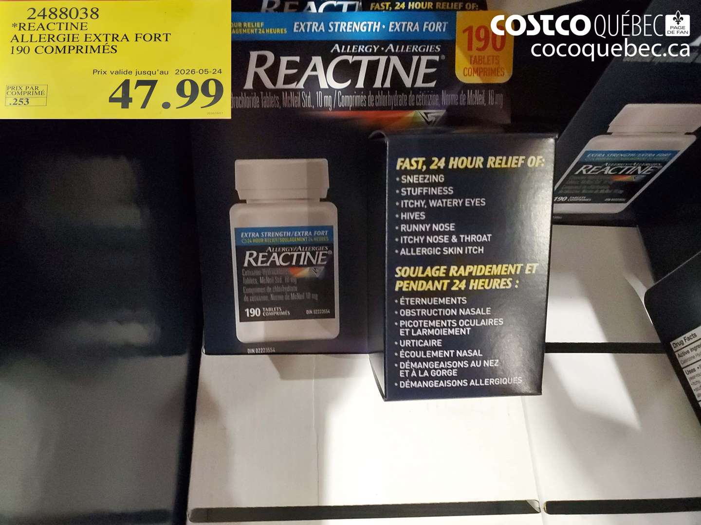 2488038 REACTINE ALLERGIE EXTRA FORT 190 COMPRIMÉS (EXPIRES ON 2026-05-24) $47.99