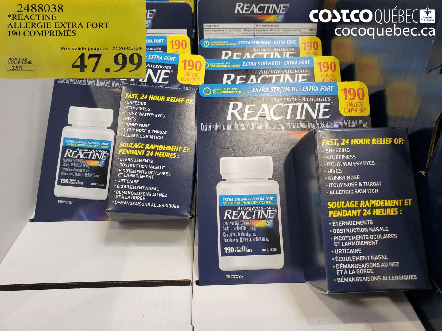 2488038 REACTINE ALLERGIE EXTRA FORT 190 COMPRIMÉS (EXPIRES ON 2026-05-24) $47.99