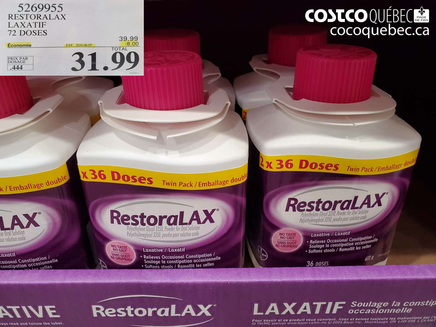 5269955 RESTORALAX LAXATIF 72 DOSES ($8.00 INSTANT SAVINGS EXPIRES ON 2026-06-07) $31.99