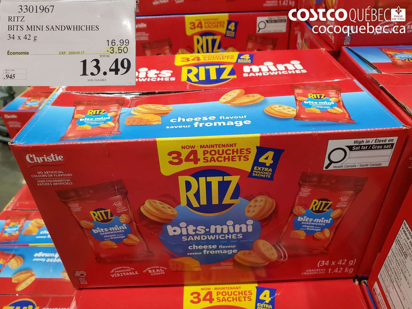 3301967 RITZ BITS MINI SANDWHICHES 34 X 42 G ($3.50 INSTANT SAVINGS EXPIRES ON 2026-05-17) $13.49