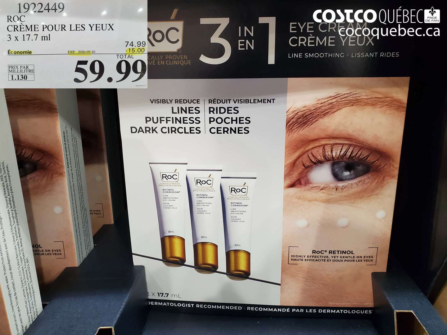 1922449 ROC CRÈME POUR LES YEUX 3 X 17.7 ML ($15.00 INSTANT SAVINGS EXPIRES ON 2026-05-10) $59.99