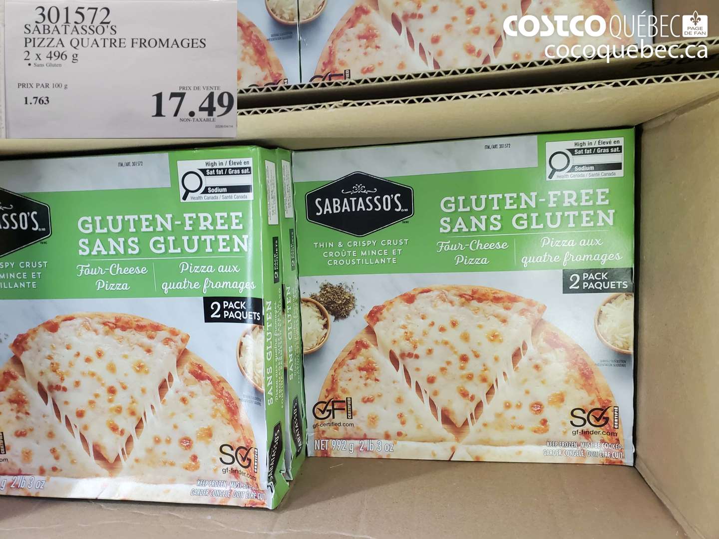 301572 SABATASSO'S PIZZA QUATRE FROMAGES 2 X 496 G $17.49
