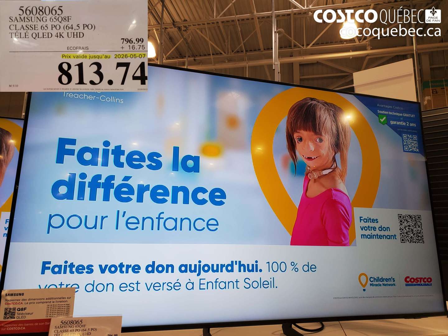 5608065 SAMSUNG 65Q8F CLASSE 65 PO (64.5 PO) TÉLÉ QLED 4K UHD (EXPIRES ON 2026-05-07) $813.74