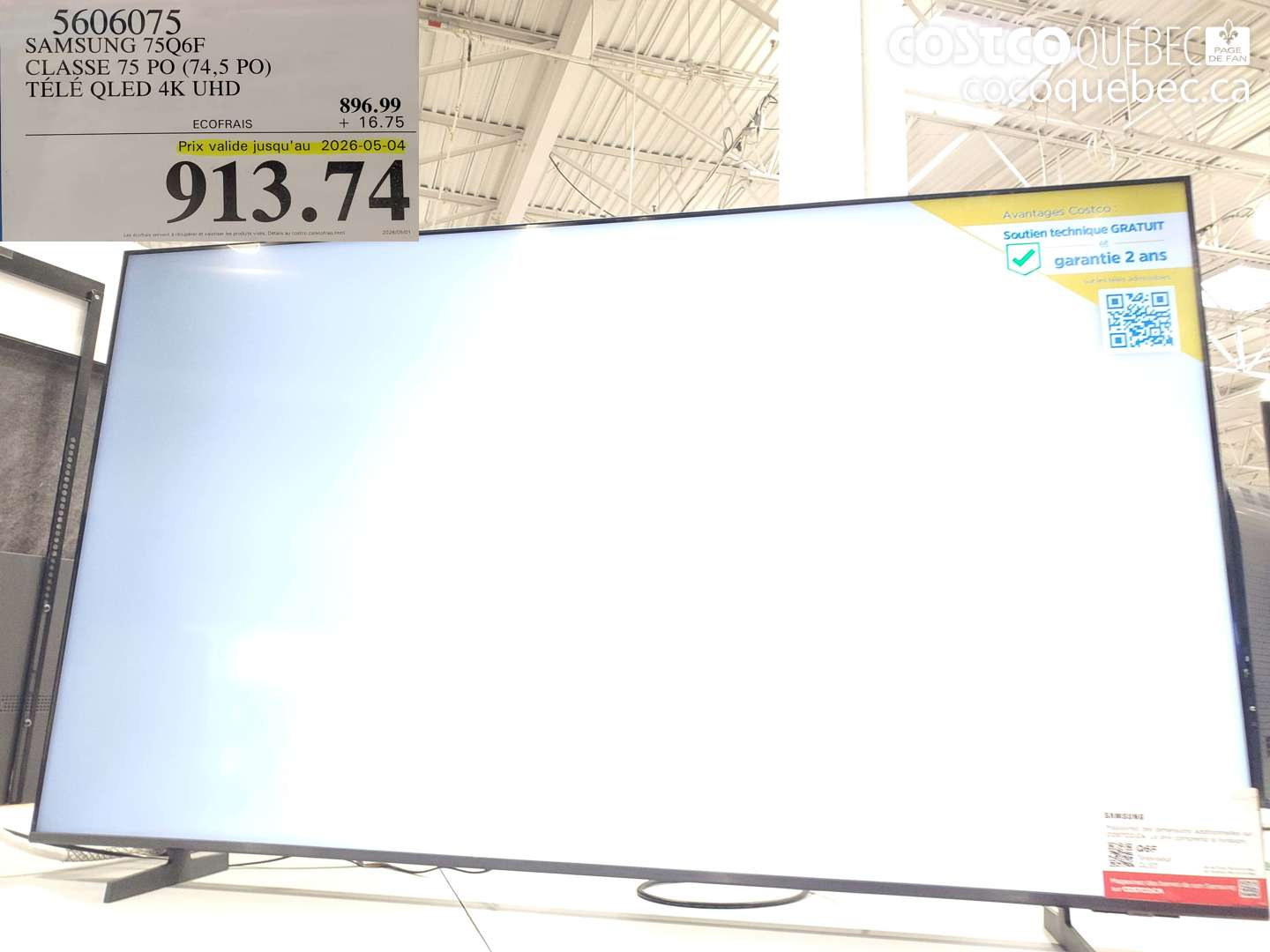 5606075 SAMSUNG 75Q6F CLASSE 75 PO (74.5 PO) TÉLÉ QLED 4K UHD (EXPIRES ON 2026-05-04) $913.74