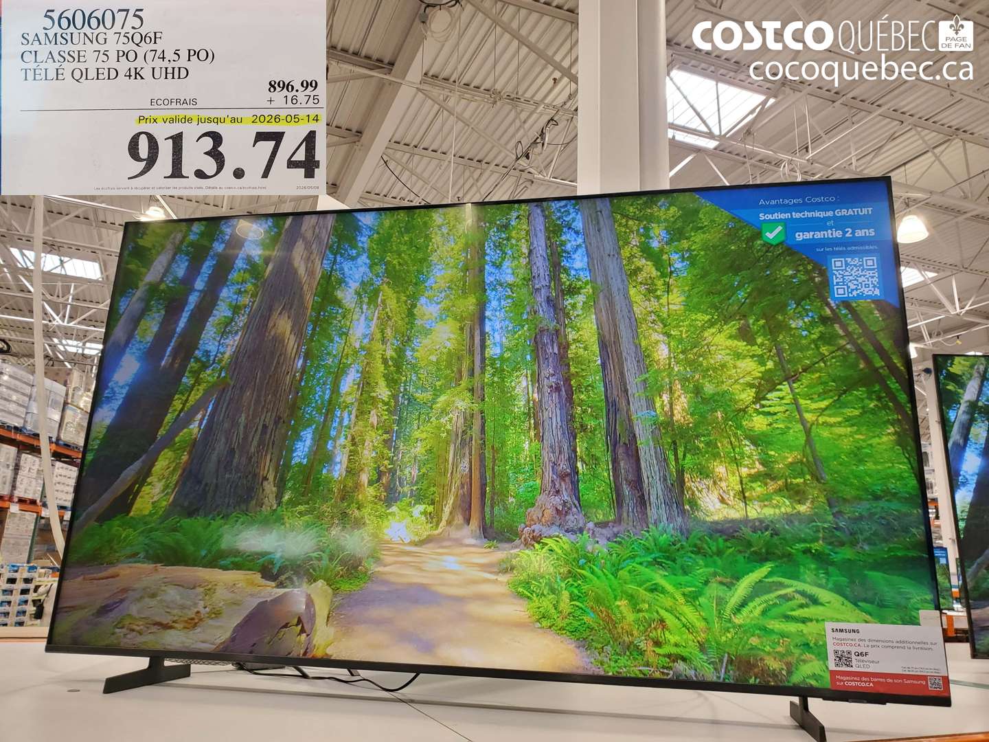 5606075 SAMSUNG 75Q6F CLASSE 75 PO (74.5 PO) TÉLÉ QLED 4K UHD (EXPIRES ON 2026-05-14) $913.74