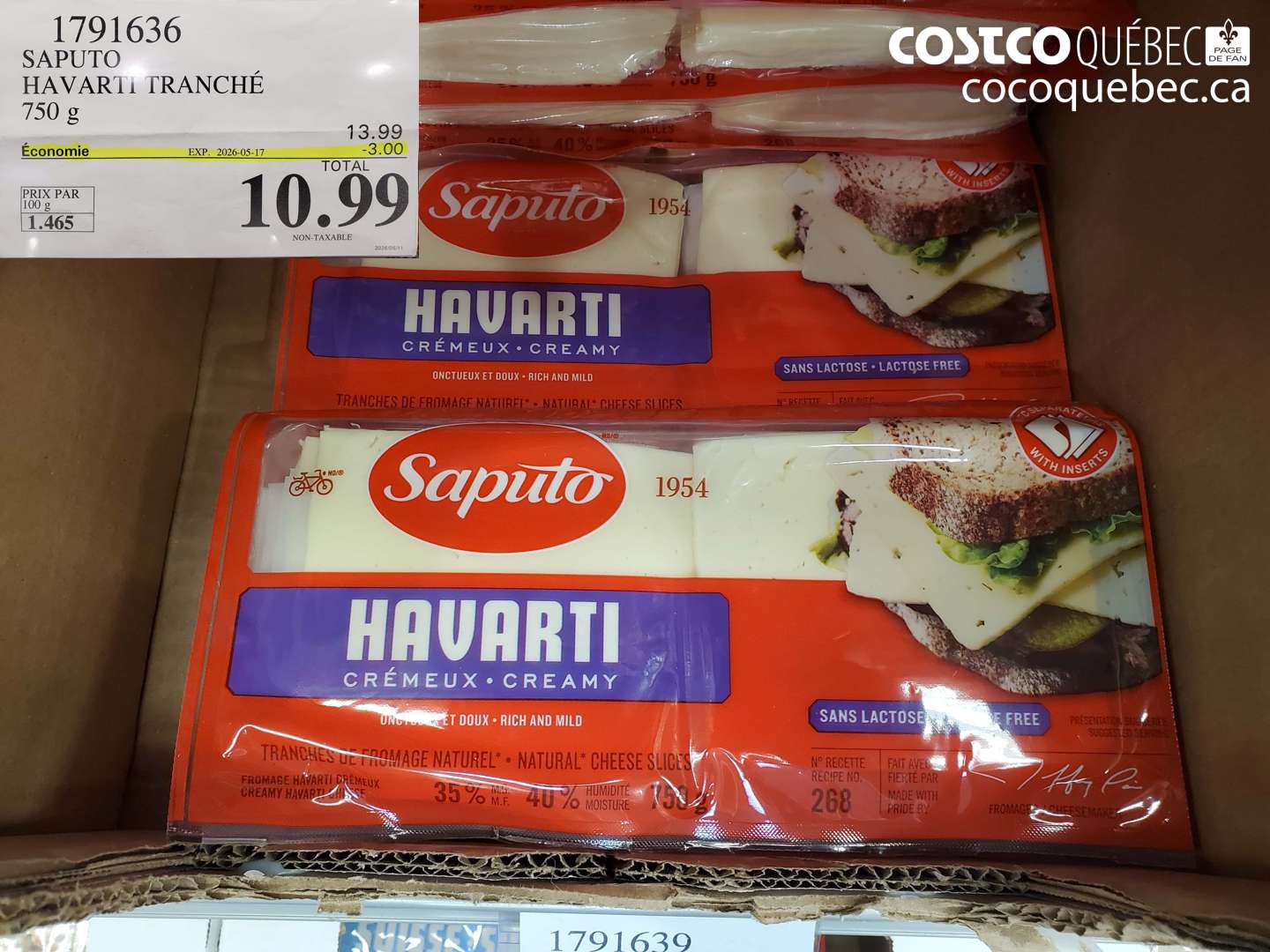 1791636 SAPUTO HAVARTI TRANCHÉ 750 G ($3.00 INSTANT SAVINGS EXPIRES ON 2026-05-17) $10.99