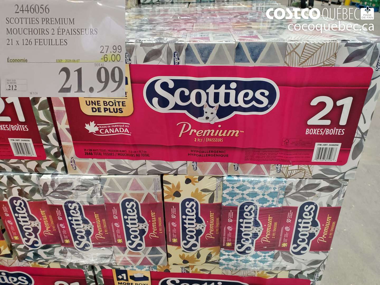 2446056 SCOTTIES PREMIUM MOUCHOIRS 2 ÉPAISSEURS 21 X 126 FEUILLES ($6.00 INSTANT SAVINGS EXPIRES ON 2025-06-07) $21.99