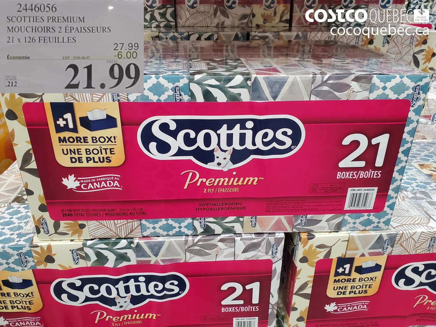 2446056 SCOTTIES PREMIUM MOUCHOIRS 2 ÉPAISSEURS 21 X 126 FEUILLES ($6.00 INSTANT SAVINGS) $21.99