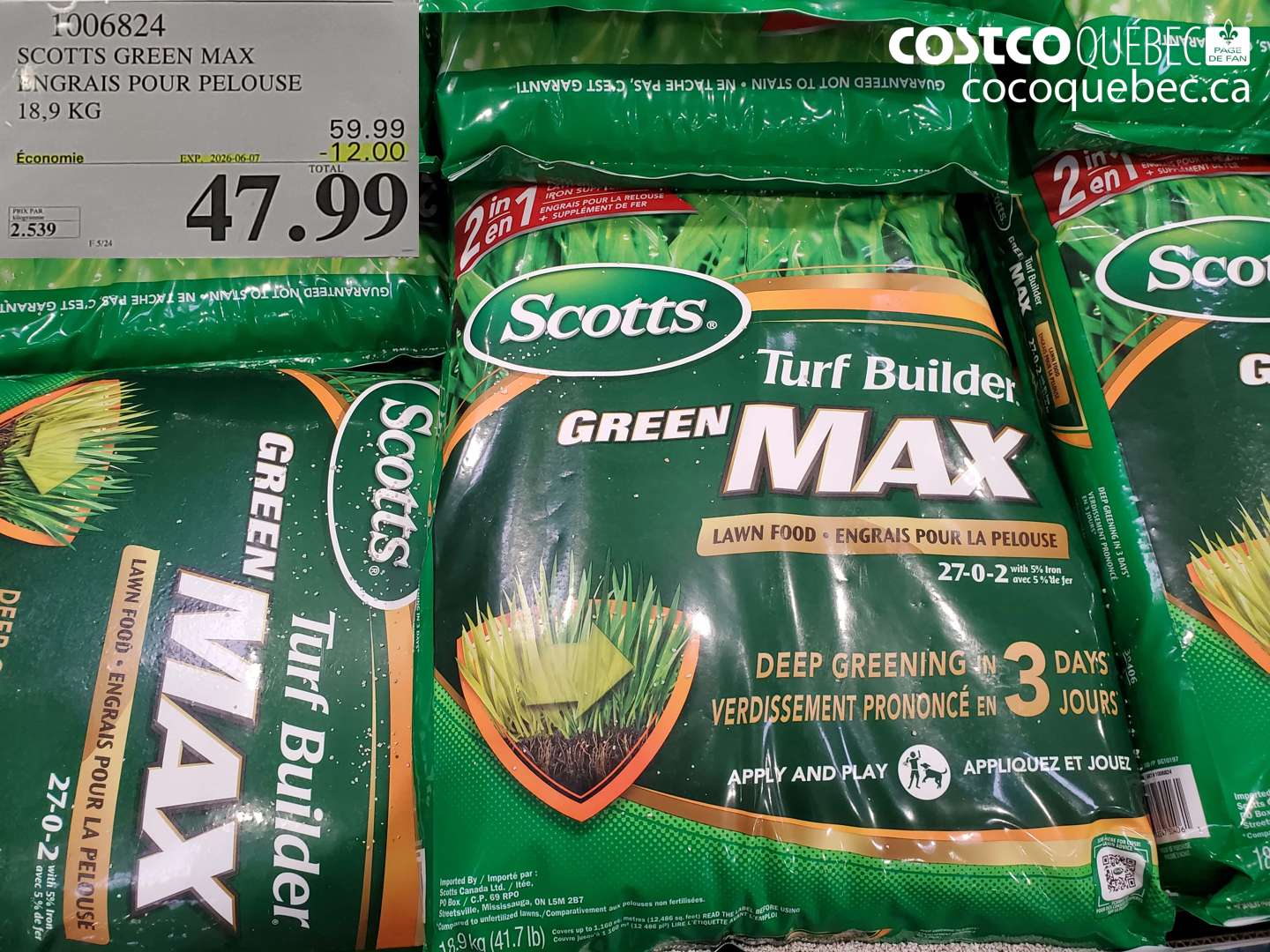 1506824 SCOTTS GREEN MAX ENGRAIS POUR PELOUSE 18.9 KG ($12.00 INSTANT SAVINGS EXPIRES ON 2026-06-07) $47.99