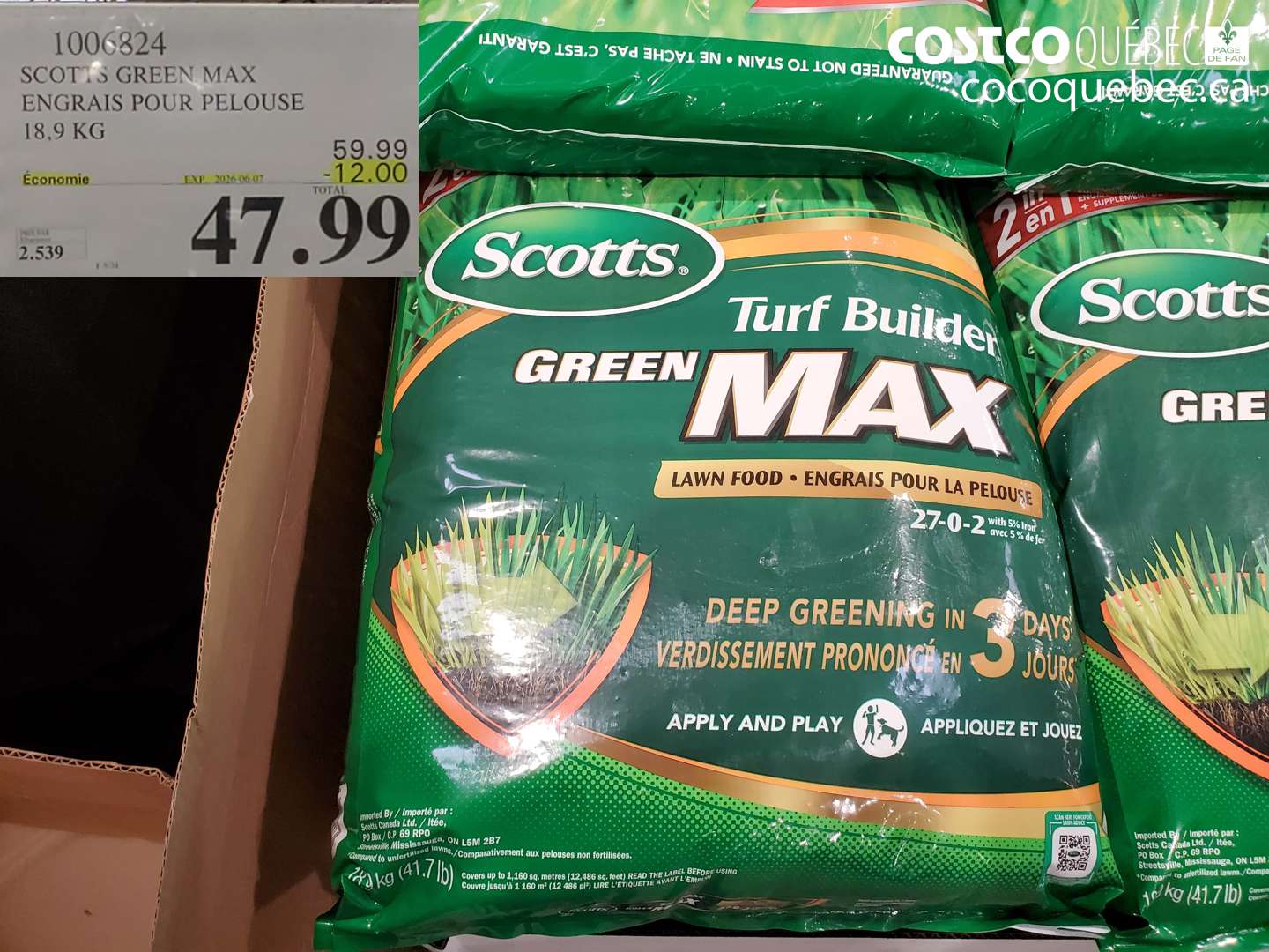 1006824 SCOTT'S GREEN MAX ENGRAIS POUR PELOUSE 18.9 KG ($12.00 INSTANT SAVINGS EXPIRES ON 2026-06-07) $47.99
