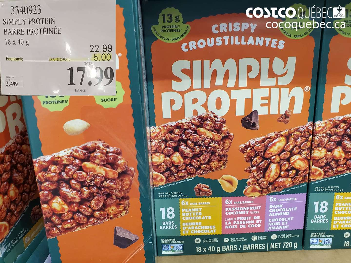 3340923 SIMPLY PROTEIN BARRE PROTÉINÉE 18 X 40 G ($5.00 INSTANT SAVINGS EXPIRES ON 2026-05-10) $17.99
