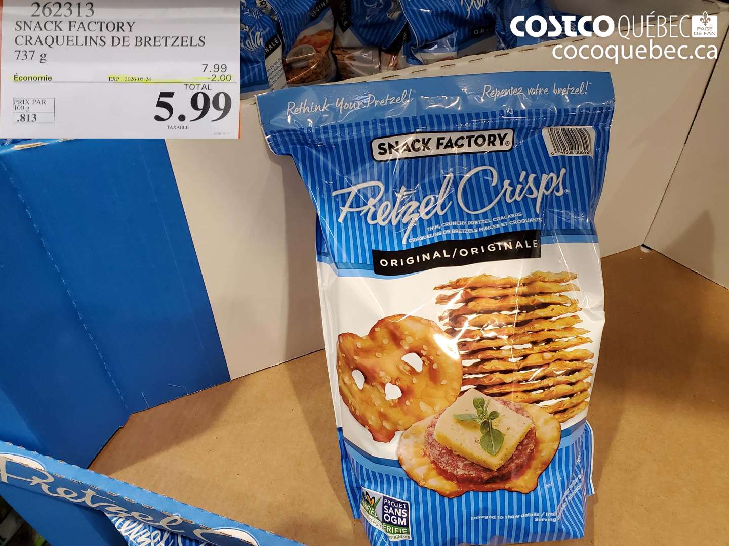 262313 SNACK FACTORY CRAQUELINS DE BRETZELS 737 G ($2.00 INSTANT SAVINGS EXPIRES ON 2026-05-24) $5.99