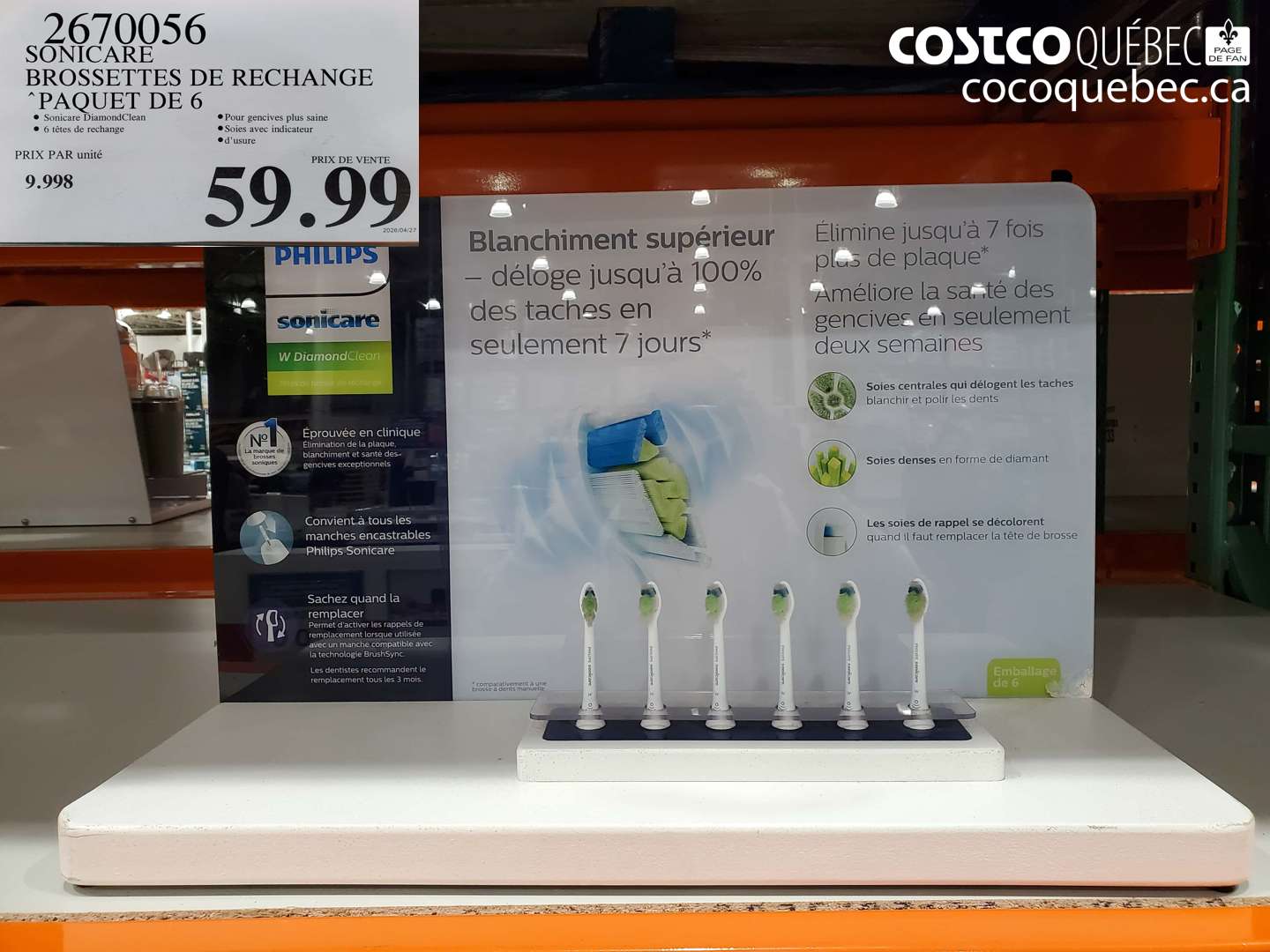 2670056 SONICARE BROSSETTES DE RECHANGE PAQUET DE 6 $59.99