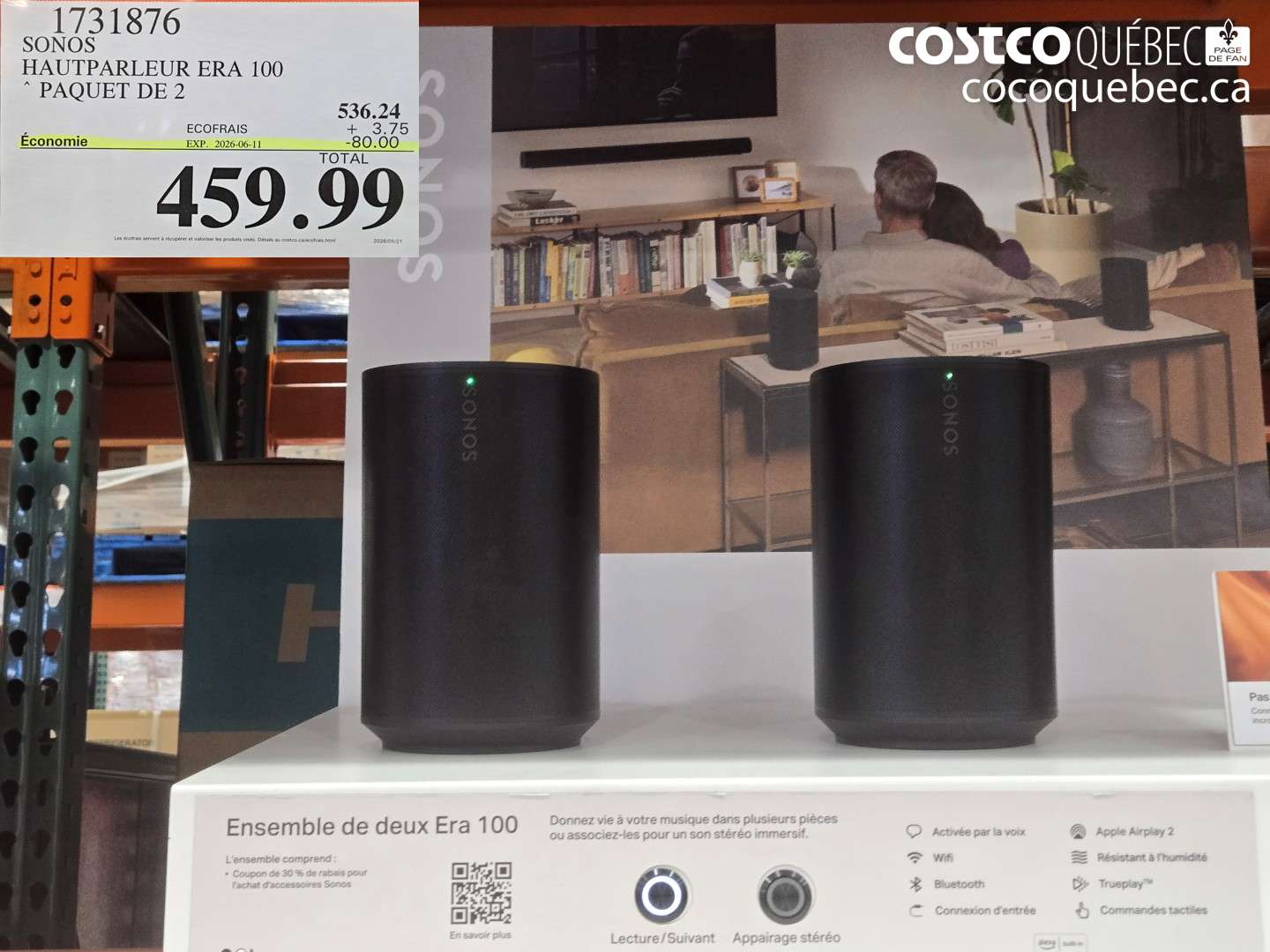 1731876 SONOS HAUTPARLEUR ERA 100 P AQUET DE 2 ($80.00 INSTANT SAVINGS EXPIRES ON 2026-06-11) $459.99