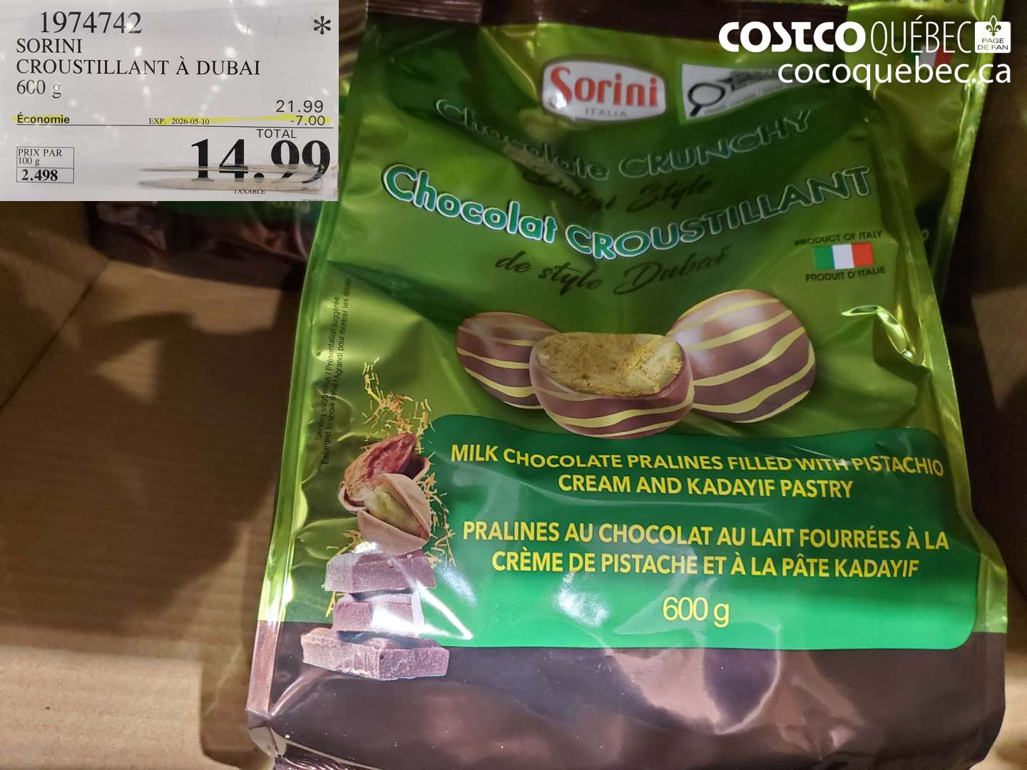 1974742 SORINI CROUSTILLANT À DUBAI 600 G ($7.00 INSTANT SAVINGS EXPIRES ON 2026-05-10) $14.99
