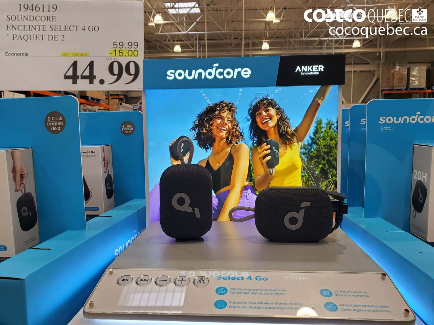 1946119 SOUNDCORE ENCEINTE SELECT 4 GO PAQUET DE 2 ($15.00 INSTANT SAVINGS EXPIRES ON 2025-06-07) $44.99