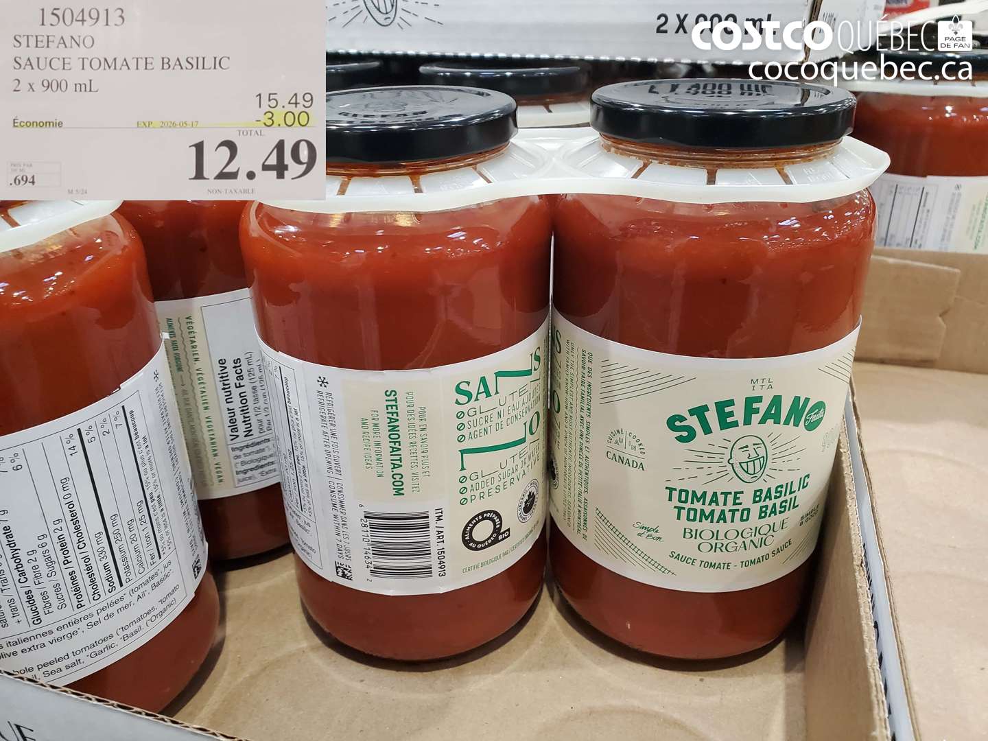 1504913 STEFANO SAUCE TOMATE BASILIC 2 X 900 ML ($3.00 INSTANT SAVINGS EXPIRES ON 2026-05-17) $12.49