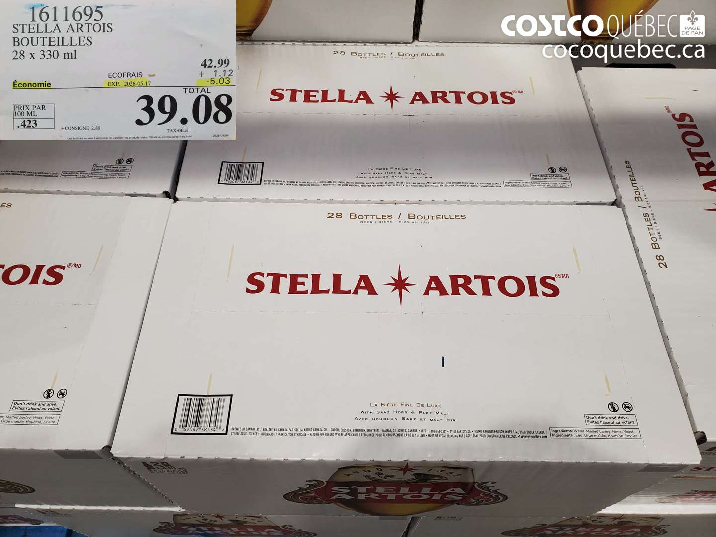 1611695 STELLA ARTOIS BOUTEILLES 28 X 330 ML ($5.03 INSTANT SAVINGS EXPIRES ON 2026-05-17) $39.08