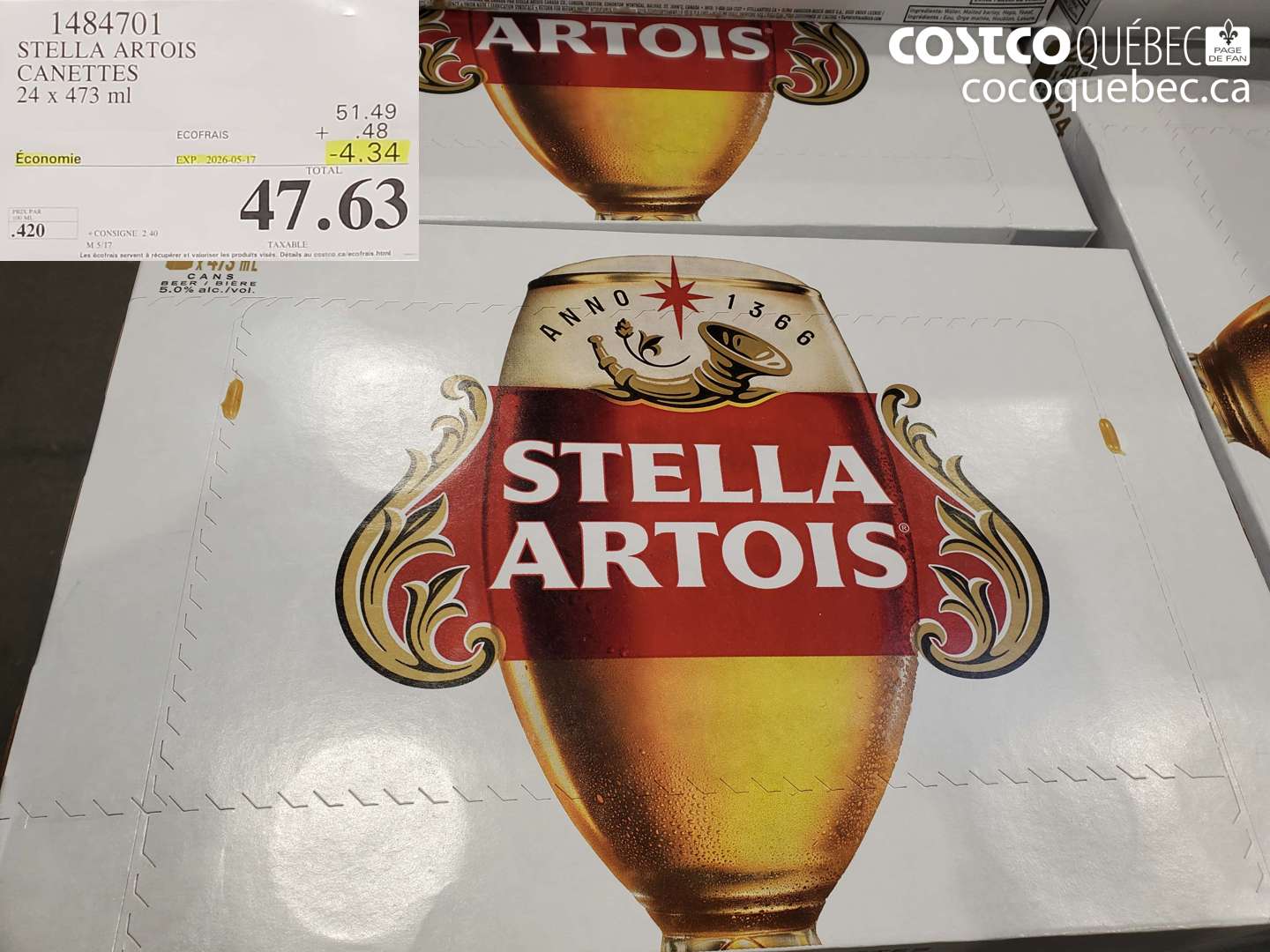 1484701 STELLA ARTOIS CANETTES 24 X 473 ML ($4.34 INSTANT SAVINGS EXPIRES ON 2026-05-17) $47.63