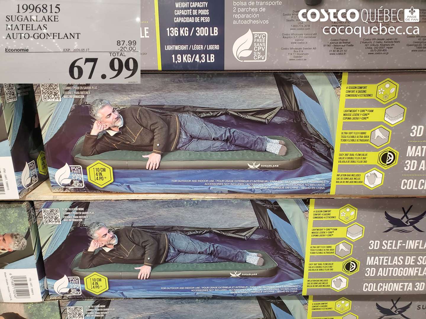 1996815 SUGARLAKE MATELAS AUTO-GONFLANT ($20.00 INSTANT SAVINGS EXPIRES ON 2026-05-17) $67.99