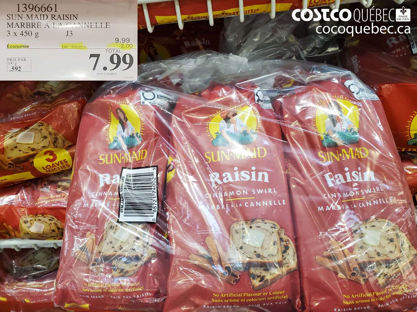 1396661 SUN-MAID RAISIN MARBRÉ À LA CANNELLE 3 X 450 G ($2.00 INSTANT SAVINGS EXPIRES ON 2026-05-31) $7.99