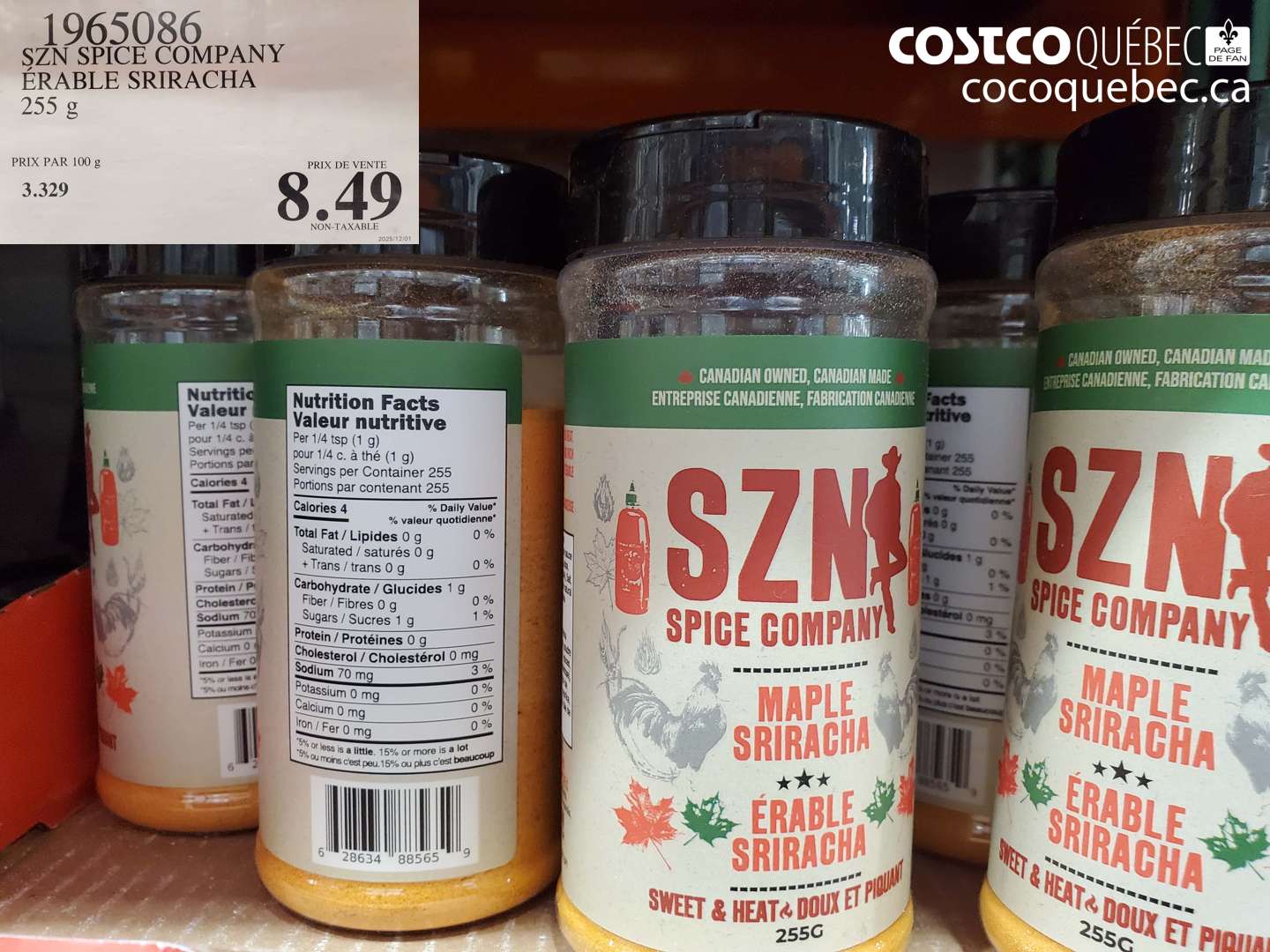 1965086 SZN SPICE COMPANY ÉRABLE SRIRACHA 255 G $8.49
