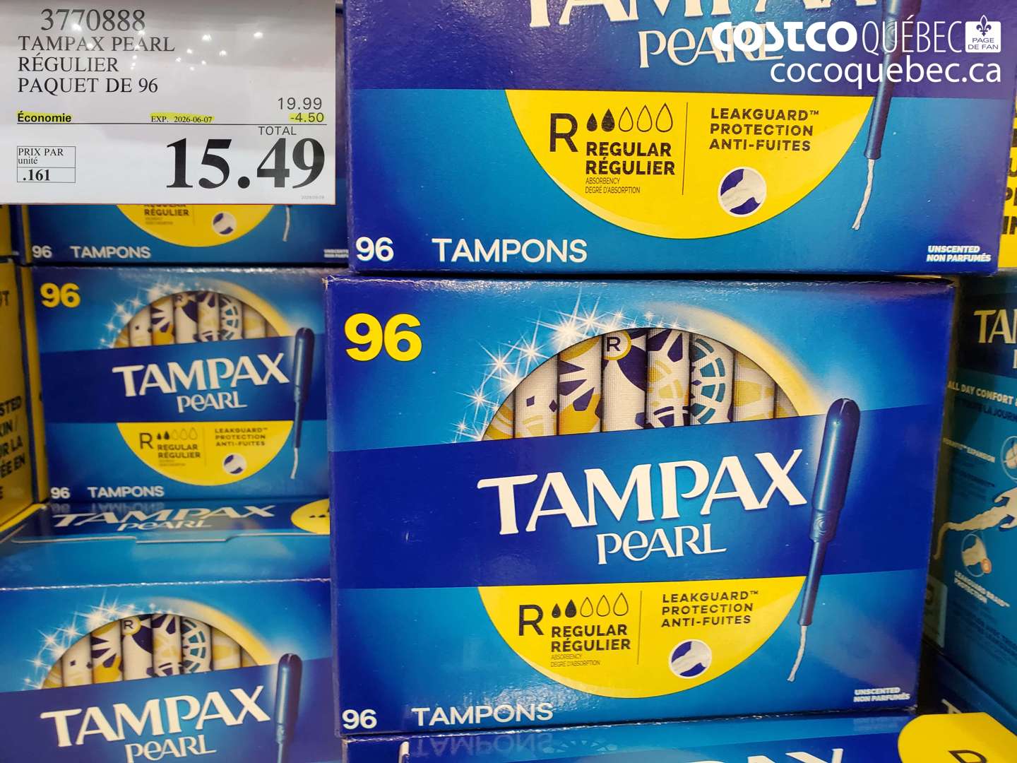 3770888 TAMPAX PEARL RÉGULIER PAQUET DE 96 ($4.50 INSTANT SAVINGS EXPIRES ON 2026-06-07) $15.49
