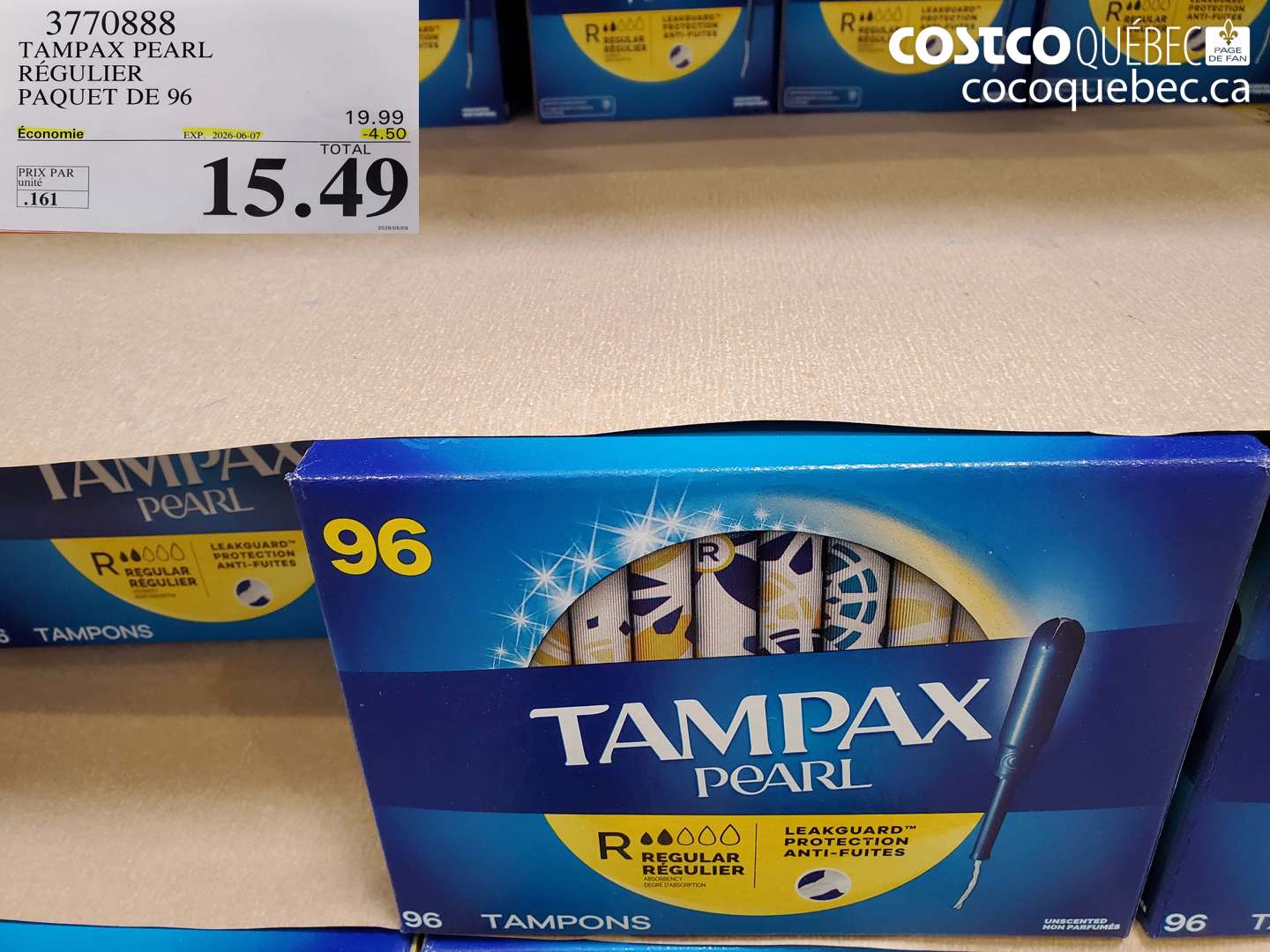 3770888 TAMPAX PEARL RÉGULIER PAQUET DE 96 ($4.50 INSTANT SAVINGS EXPIRES ON 2026-06-07) $15.49
