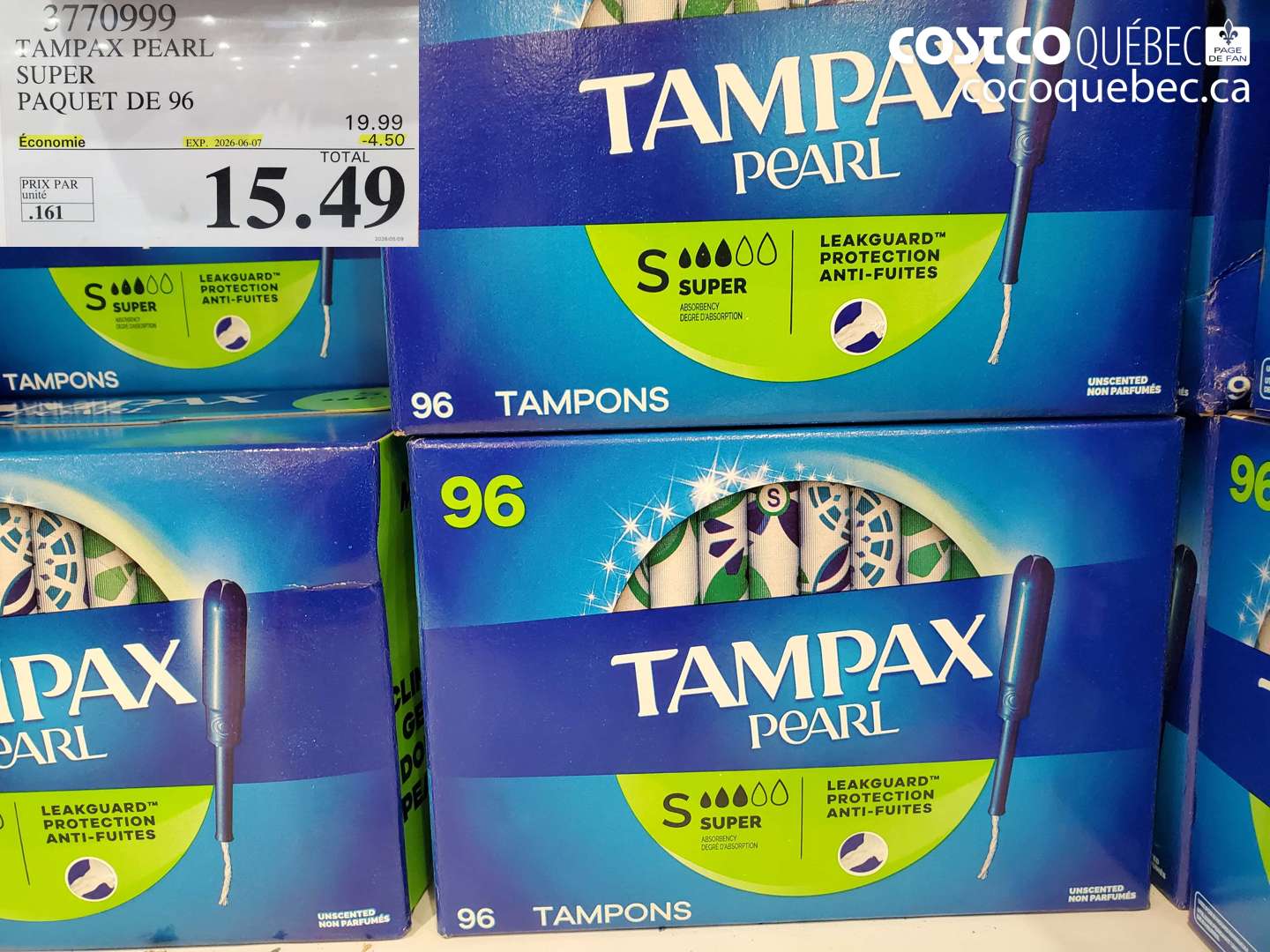 3770999 TAMPAX PEARL SUPER PAQUET DE 96 ($4.50 INSTANT SAVINGS EXPIRES ON 2026-06-07) $15.49