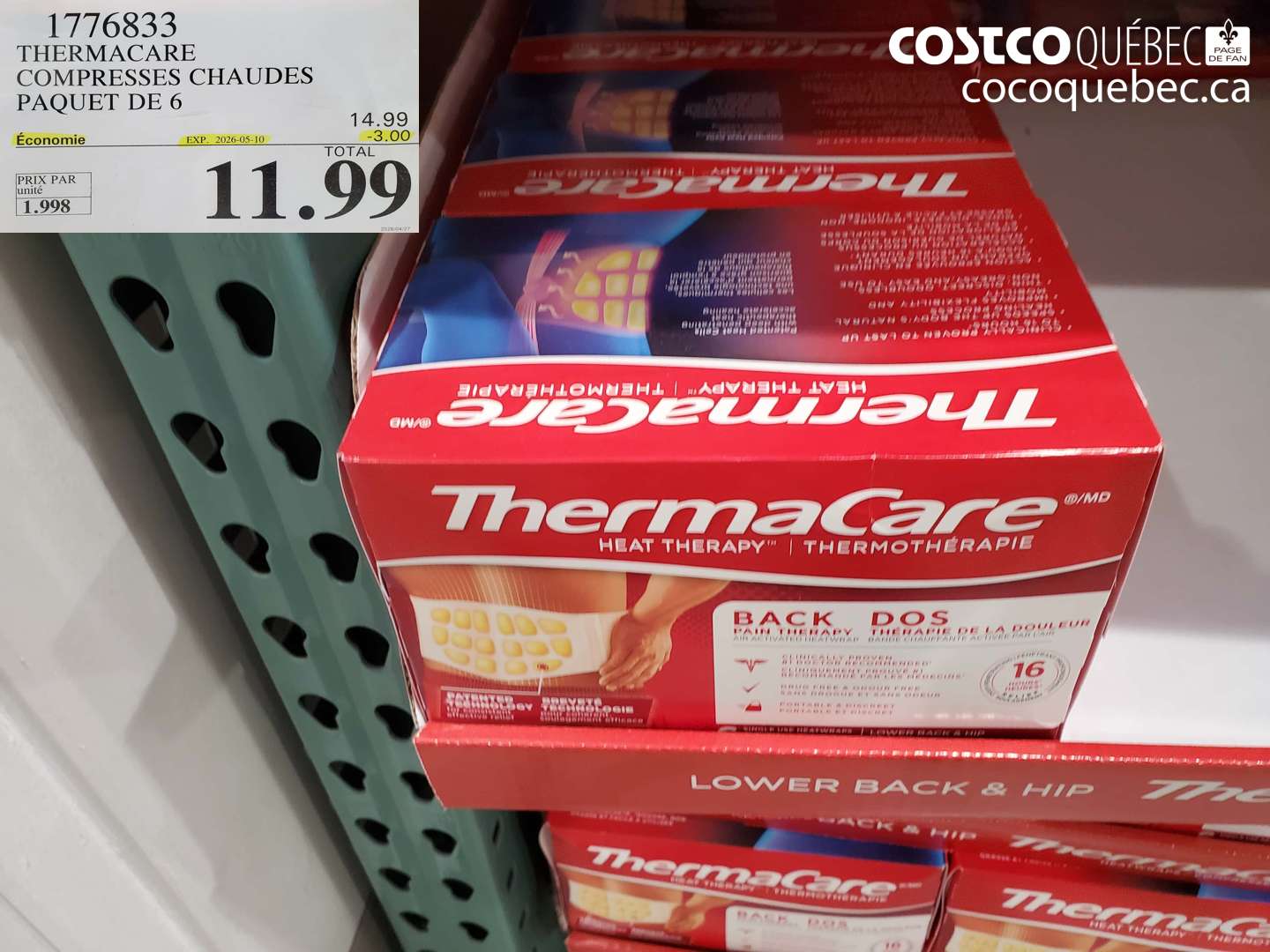 1776833 THERMACARE COMPRESSES CHAUDES PAQUET DE 6 ($3.00 INSTANT SAVINGS EXPIRES ON 2026-05-10) $11.99