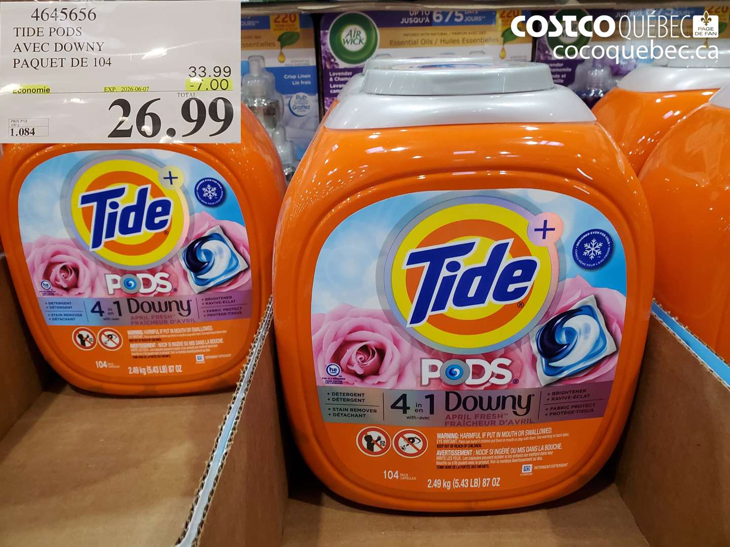4645656 TIDE PODS AVEC DOWNY PAQUET DE 104 ($7.00 INSTANT SAVINGS EXPIRES ON 2026-06-07) $26.99