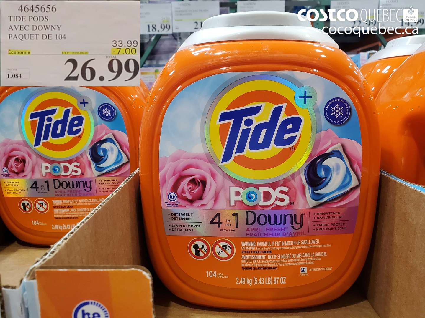4645656 TIDE PODS AVEC DOWNY PAQUET DE 104 ($7.00 INSTANT SAVINGS EXPIRES ON 2023-01-07) $26.99